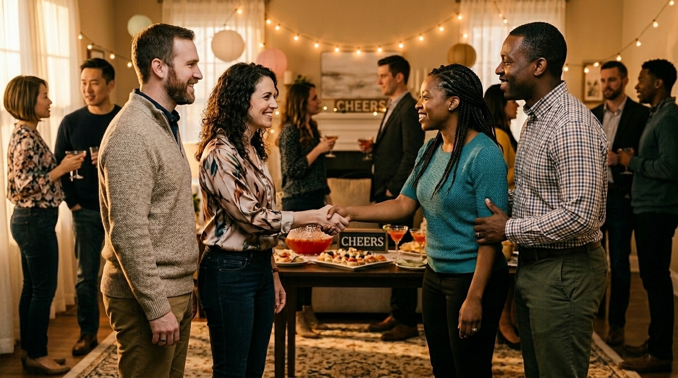 Two couples shaking hands at a party